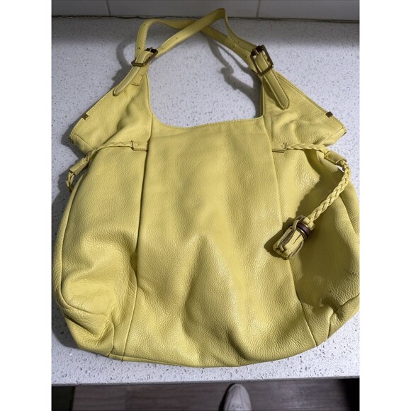 Elliott Lucca Leather Purse Yellow Hand Painted w/ Wood Gold Accents Soft EUC - Picture 10 of 16